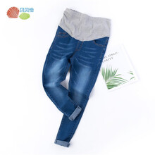 贝贝怡孕妇春季弹力高腰托腹牛仔裤孕妈长裤 蓝色 M