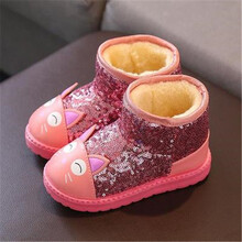 巴布旗 儿童雪地靴2021防水皮面靴子冬季男女童亮片棉鞋学生加绒保暖短靴 668（粉色小猫） 20码/内长12.5cm