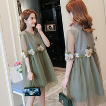 孕妇装夏装外出新款孕妇连衣裙中长款时尚潮妈孕妇裙子夏季宽松透气 军绿色 M