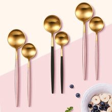 闪闪优品吃饭勺子304不锈钢创意可爱网红家用汤匙长柄小调羹餐勺 大号1支（粉金款）