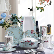 泰鑫兴 60头餐具套装碗具陶瓷碗盘碟组合酒店家用套装 蓝湖秘境