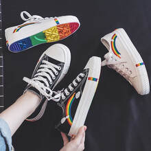 左右良品帆布鞋女低帮学生韩版小白鞋女2021春季新款平底百搭彩虹ulzzang板鞋 黑色 38