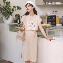 米度丽 孕妇夏装时尚款孕妇连衣裙夏天长款过膝纯棉短袖t恤裙子夏季潮妈 7551 杏色 M码