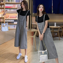 孕妇装夏装外出2019新款套装孕妇连衣裙中长款时尚潮妈孕妇裙子夏季宽松透气背带裤裙 黑色T恤+格子裤 L