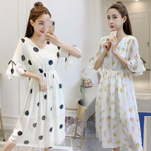 孕妇装夏装哺乳衣外出夏2019新款碎花孕妇连衣裙中长款时尚潮妈孕妇裙子夏季宽松透气 1846白花朵 M