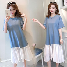 孕妇装夏装外出2019新款孕妇连衣裙中长款时尚潮妈孕妇套装夏季宽松透气孕妇裙子 蓝色 M