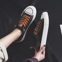 人本女鞋黑色帆布鞋女学生百搭休闲鞋2021春季新款复古港味秋季薄款透气板鞋 升级版-黑棕色 38