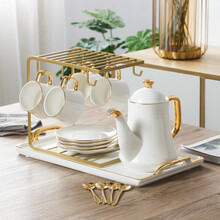达沃 简约咖啡杯套装陶瓷欧式水杯杯具创意家用英式下午茶茶具马克杯金边 4杯4碟4勺1壶1托盘（白色）带铁架