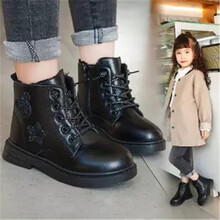 巴布旗 女童马丁靴公主二棉加绒冬新款棉鞋中大童英伦风儿童短靴子春秋 黑色（厚绒大棉）标准码 实心底 26码/内长16.6cm