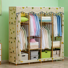 淘之良品 简易实木质衣柜现代简约衣帽架组装加厚加粗组合宿舍收纳布衣橱布艺柜子收纳柜加固挂衣柜 168cm款-守望麦田【配隔层垫】