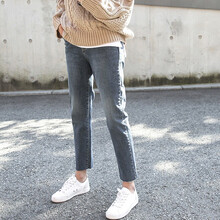 喜孕娇孕妇裤子春秋外穿小脚牛仔裤春装春款时尚潮妈孕妇打底裤春夏薄款开叉九分裤 复古灰蓝 - 宽松版 M