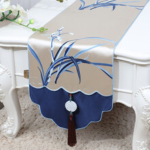 艺必旭 新中式禅意古典餐桌桌旗茶席客厅茶桌桌布玄关电视柜盖布可定制 兰花草-浅咖 33*230适合桌长170-180