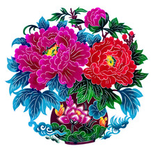 家居装饰画喜庆吉祥 花开富贵窗花中国特色过年剪纸彩色窗花 繁荣昌盛