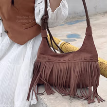 巧丂包包女包小众牛仔风腋下包简约旅行单肩包斜挎包波西米亚西部牛仔 复古流苏斜挎包【咖色】