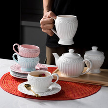 穆尼生活 浮雕蕾丝咖啡杯碟壶套装欧式小奢华带盖家用茶杯马克杯 公主咖啡杯-蓝色