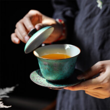 领艺日式盖碗茶杯大号单个三才茶碗功夫茶具家用窑变陶瓷泡茶器 落宇盖碗约180ml