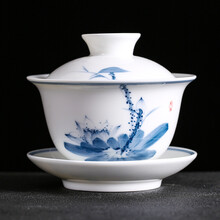 元青功夫茶具三才盖碗（MULTIPOTENT）手绘青花荷韵薄胎瓷盖碗