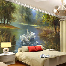 蓝鱼（LANYU）美式天鹅湖墙纸客厅沙发背景墙壁纸餐厅田园风景油画个性艺术卧室壁画墙布 加厚整张-无纺布