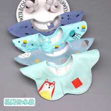 婴儿可爱口水巾宝宝围嘴棉质新生360度防水旋转围兜按扣食饭兜 棕褐色 黄格子小猫钓鱼系