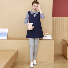 孕妇秋装t恤新款女潮妈怀孕上衣服宽松连衣裙春秋款时尚套装 藏蓝上衣(长袖)+618纯色浅灰长裤 XXL