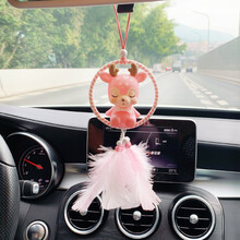 汽车内饰品小清新可爱小鹿车内后视镜装饰创意漂亮羽毛吊坠女生 藕粉色小鹿挂件