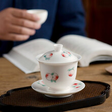 千红窑白瓷盖碗茶杯纯手绘三才盖杯单个家用大号防烫功夫茶具套装釉下彩茶具