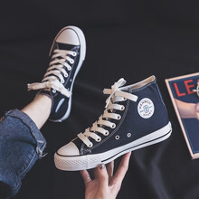 人本女鞋帆布鞋女2021春款韩版百搭高帮鞋子女时尚板鞋女学生情侣帆布鞋 升级版-中蓝色(码号偏大.建议拍小一码） 女35