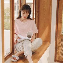 米度丽 月子服夏秋季薄款孕妇睡衣产后哺乳衣6月份产妇喂奶衣服家居服套装 浅粉 M