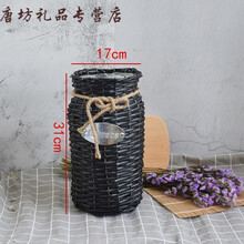 柳编藤编插花花瓶田园草编花器干花装饰花篮摆件编织花桶落地花盆 高款黑色柳编花瓶