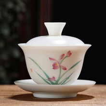 钰铨龙门 德化白瓷羊脂玉手绘山水水墨盖碗彩绘荷花莲花功夫茶具泡茶三才盖碗花鸟介杯高端茶具办公家用定制 款式7：手绘兰花盖碗