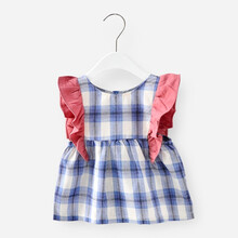 宝宝围兜 婴儿口水巾儿童防水吃饭围兜女宝宝围嘴儿童半袖罩衣反穿衣 蓝色格子公主裙无袖罩衣 身高85-90cm(1岁半-2岁) 100码
