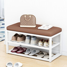 蔓斯菲尔 鞋架简约现代家用换鞋凳简易门口可坐放鞋柜多功能铁艺收纳鞋架子 50CM棕皮