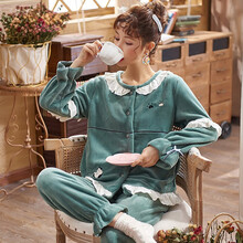 法兰绒月子服秋冬季加厚产后孕妇睡衣冬天珊瑚绒哺乳套装保暖韩版 HFF501月子服绒 M码建议80-100斤