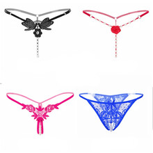 lady's dream情趣内衣内裤女大码丁字裤女珠子按摩情趣开档免脱全透明诱惑性感夜店内裤 4条装 黑色+红色+玫红+蓝色 均码80斤-130斤