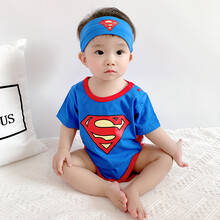 婴儿连体衣夏季 纯棉宝宝卡通三角哈衣小超人男女童衣服0-1-3岁新生儿薄款短袖爬爬衣头巾组合套装 超人【聪慧蓝】 66/44【身高66-73cm，6-11个月】