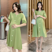 孕妇装夏装时尚潮妈中长款孕妇裙夏天大码外穿孕妈装宽松舒适孕妇连衣裙子新款 绿色 XL