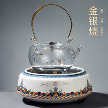 容山堂金银烧玻璃烧水壶电陶炉家用故宫日式煮茶壶泡茶器茶具套装 白鹭高飞壶+海水江崖白色电陶炉