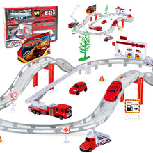 成乐美 合金电动城市轨道车消防工程车汽车模型飞机场警察儿童玩具小火车头套装赛车 小号轨道车合金套装-消防系列29PCS