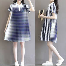木宸 孕妇装夏装新款孕妇连衣裙韩版宽松哺乳衣外出短袖上衣春夏季潮妈时尚中长款衬衫裙子 蓝白条纹 XL（适合140-160斤）