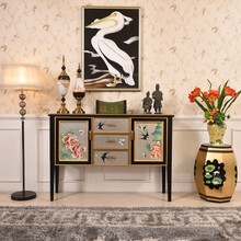 品涵艺术家具2021新款客厅实木新中式黄色彩绘牡丹原创玄关柜隔断柜沙发背柜门厅柜装饰柜餐边柜陈列柜 富贵长春银箔黑