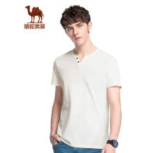 骆驼（CAMEL）男装 夏季男青年V领纯色T恤 休闲绣花棉质短袖上衣 白色 XXL