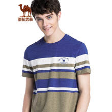 骆驼（CAMEL）男装 夏季花纱条纹休闲上衣 微弹圆领绣标短袖T恤 卡其 XL