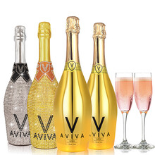 超市	【配2香槟杯】aviva起泡酒甜桃红葡萄酒商务宴会婚礼用酒气泡果酒 镶钻组合4支装750ml 双支礼袋装*2