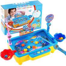 爸爸妈妈钓鱼玩具电动旋转磁性充电钓鱼池儿童早教益智玩具带磁性可装水音乐钓鱼台 蓝色