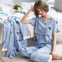 青妖月子服纯棉秋三件套春秋长袖产妇睡衣产后喂奶衣哺乳衣新款日系韩版可外穿 YS8221蓝色三件套 L码(120斤以下)
