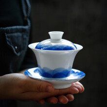矜瓷 德化白瓷手绘盖碗茶杯三才碗 陶瓷薄胎茶碗功夫茶具 海浪v盖碗
