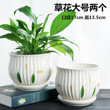 仟尚亿 陶瓷花盆带托盘一套两个个阳台多肉花盆大号特大号盆栽绿植盆吊兰发财树简约室内个性创意花盆 草花大号两个（带托盘） 大