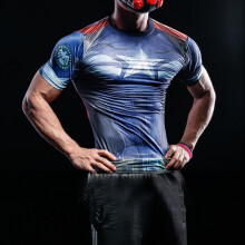 2021赫搏 蝙蝠侠超人美国队长 英雄T恤健身服弹力紧身衣训练运动男速干短袖复仇者联盟3 美国队长全蓝款 XXL
