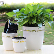 欧林泽 懒人自动吸水花盆 多肉绿萝植物塑料盆器  水培简约仿陶瓷免浇水 兰花发财树盆栽容器 陶盆批发 烫金系列 H05中号12X13厘米