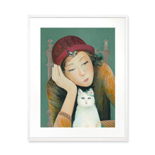 本艺术空间  武惠玲油画《女孩与猫之三》油画数位版画 客厅书房休闲区装饰画 白色画框 40*50